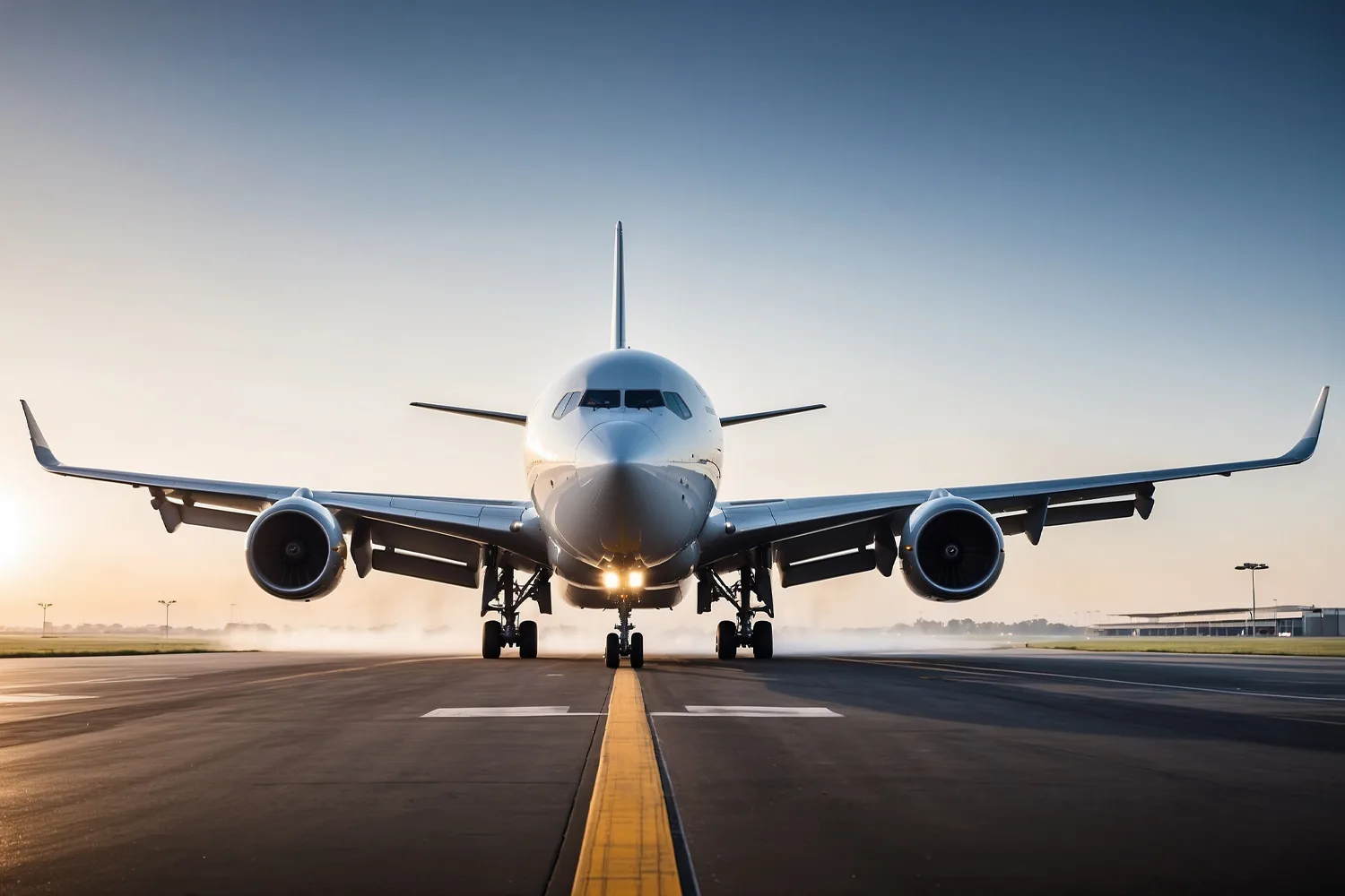 Passagierflugzeug mit eingeschalteten Landescheinwerfern auf der Startbahn in der Morgendämmerung